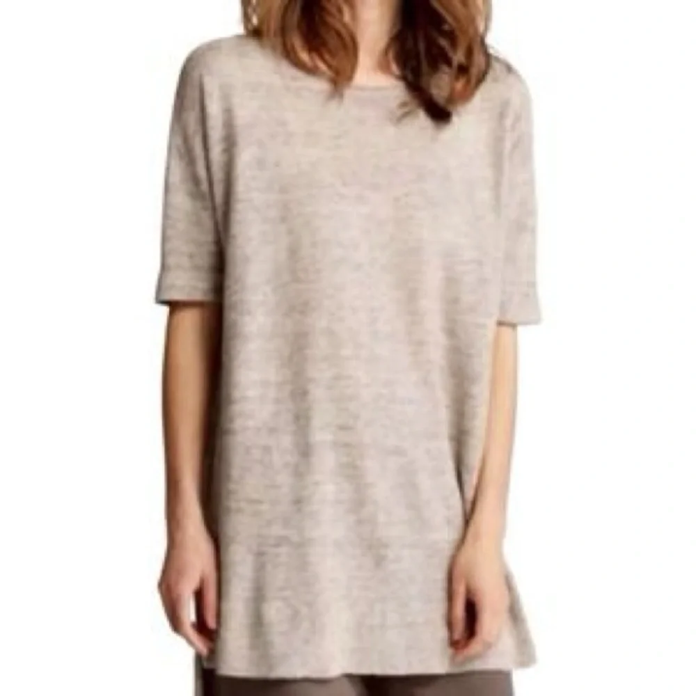 EILEEN FISHER Italian Yarn Sz M Ecru Open Weave Short Sleeve Tunic Top Lagenlook - Picture 1 of 5